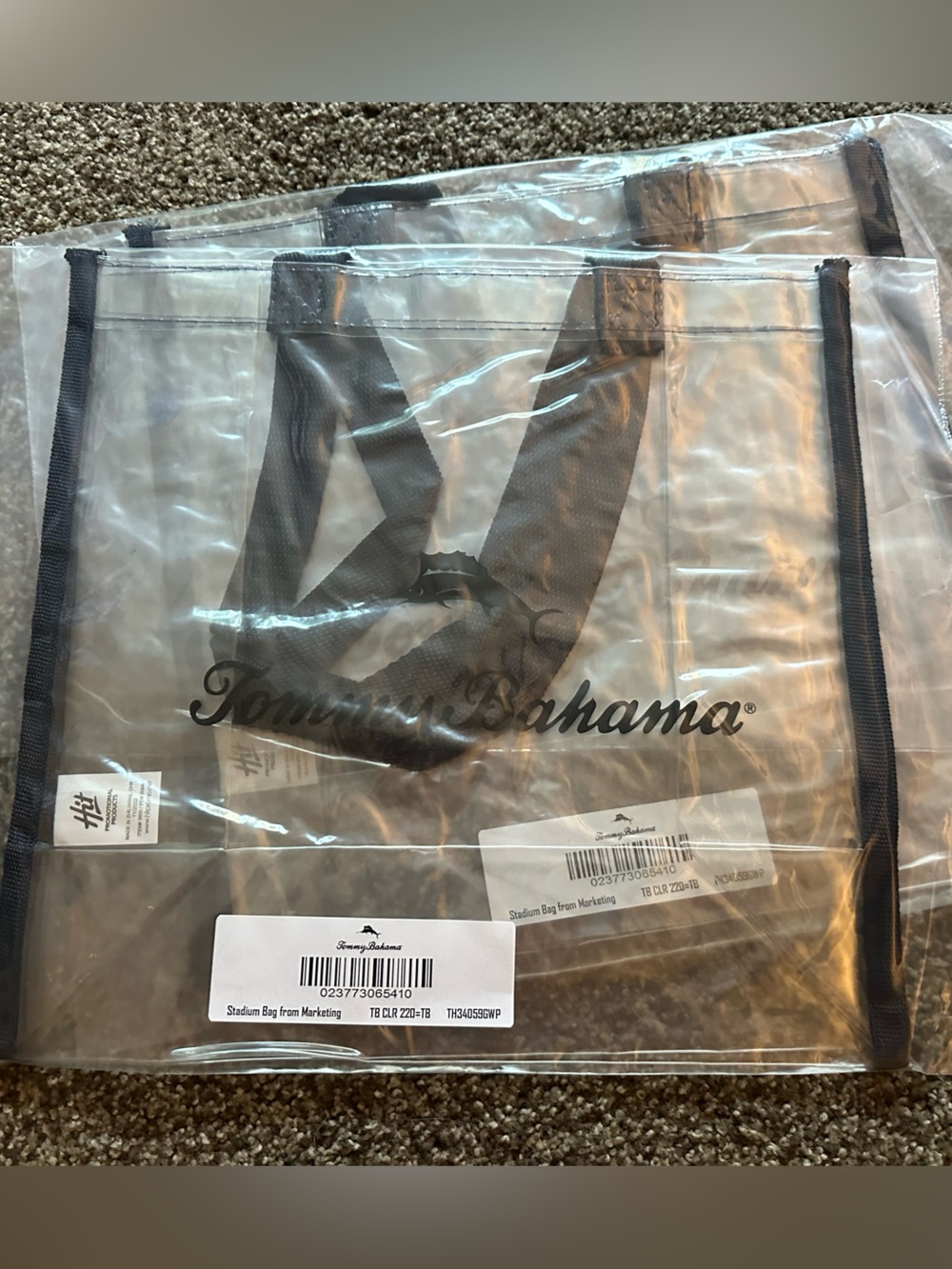 Tommy Bahama Clear Tote with Black Trim and Handles Stadium Bag set of 2